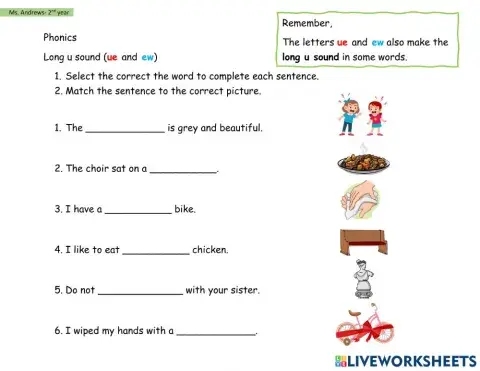 Long u Sound- ue and ew Worksheet