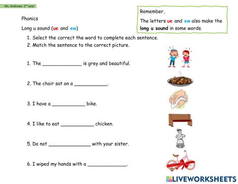 Long u Sound- ue and ew Worksheet