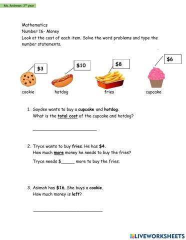 Number 16- Money Worksheet