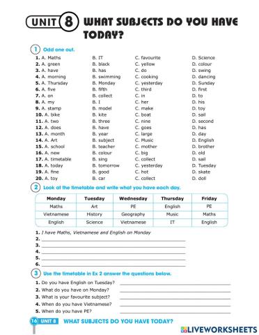 Unit 8, What subjects do you have today?