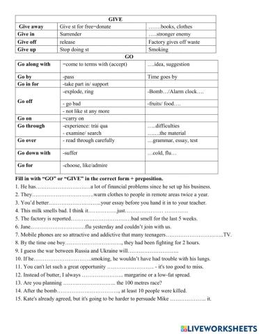 Grade 12- Phrasal verbs give-go