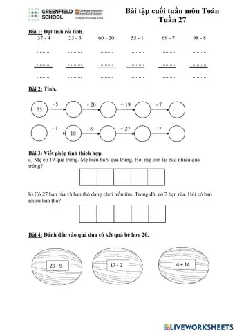 Phiếu Bài tập cuối tuần môn Toán - Tuần 27