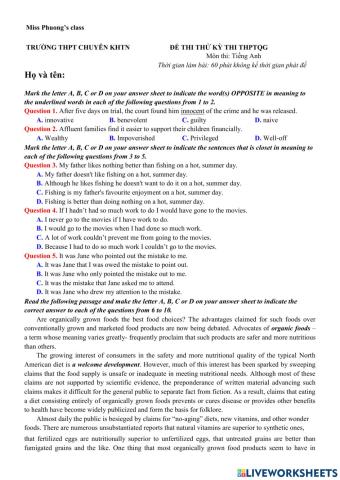 Đề thi thử THPT KHTN