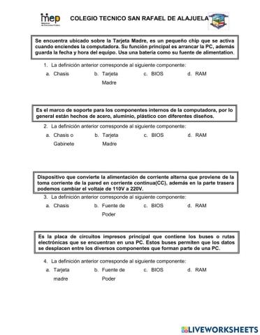 Componentes Internos de la computadora definiciones