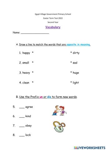 Vocabulary Easter Term Test 2022