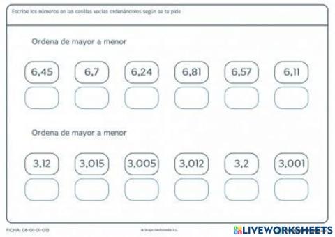Mayor a menor numeros decimales