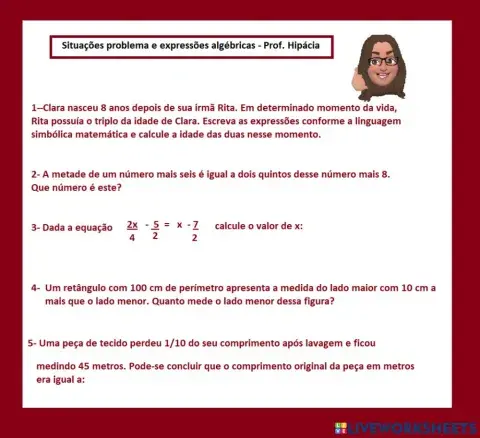 Situações problema e equações algébricas com frações