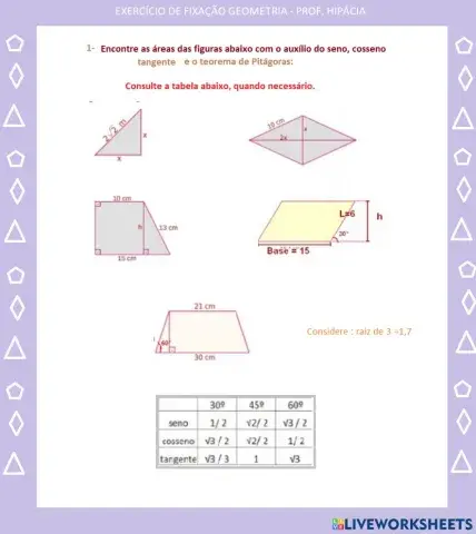 Áreas de figuras planas com trigonometria no triângulo retângulo e Pitágoras