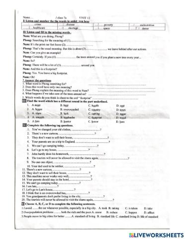 English 7 - Unit 12 - Test 1