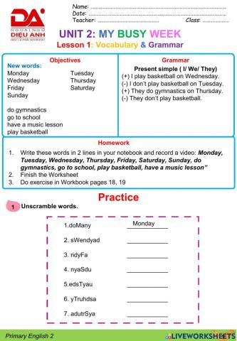 DieuAnh AS2 Unit2: My busy week (L1)