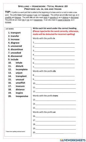 Prefixes: un, in, dis, and trans
