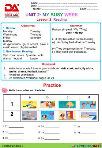 DieuAnh AS2 Unit 2: My busy week (L2)