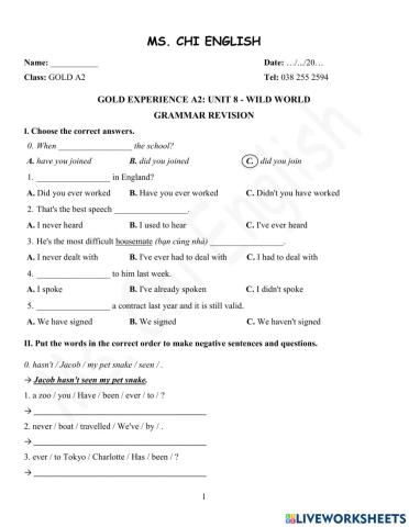 23.03.22- Gold A2- U8 Grammar Revision