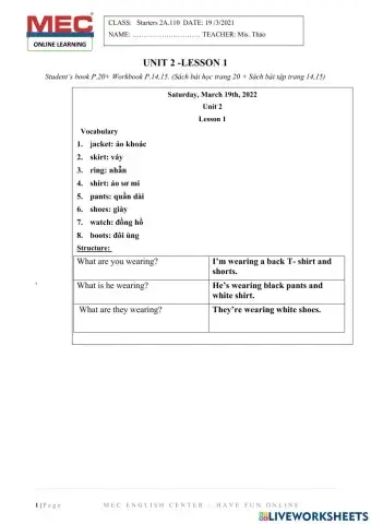 Starters 2A- Unit 2- Lesson 1