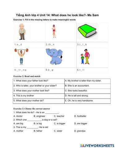 Tiếng Anh lớp 4 Unit 14 What does he look like?