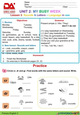 DieuAnh AS2 Unit 2: My busy week (L3)