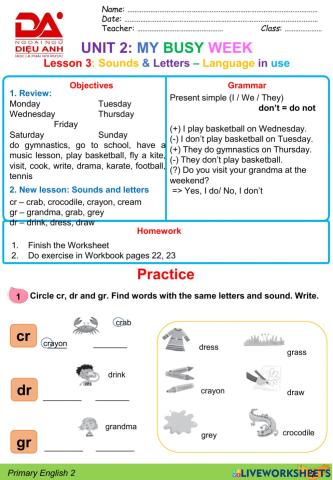 DieuAnh AS2 Unit 2: My busy week (L3)