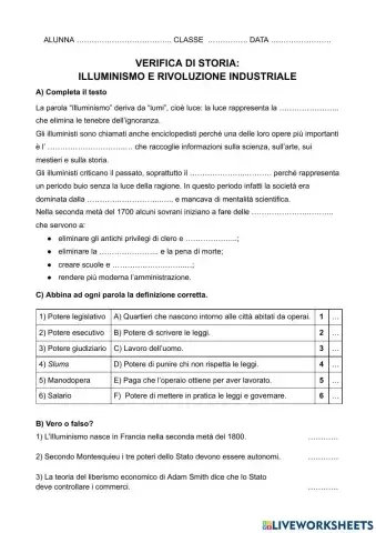Verifica: Illuminismo e Rivoluzione Industriale