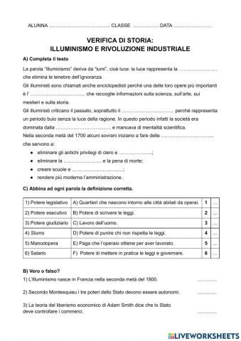 Verifica: Illuminismo e Rivoluzione Industriale