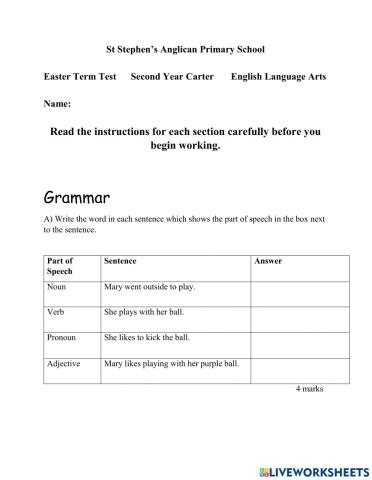 English Language Arts Easter Term Test A