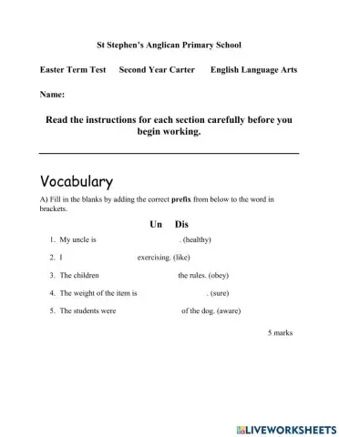 English Language Arts Easter Term Test B