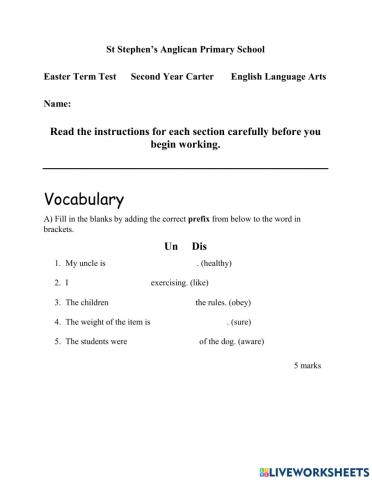 English Language Arts Easter Term Test B