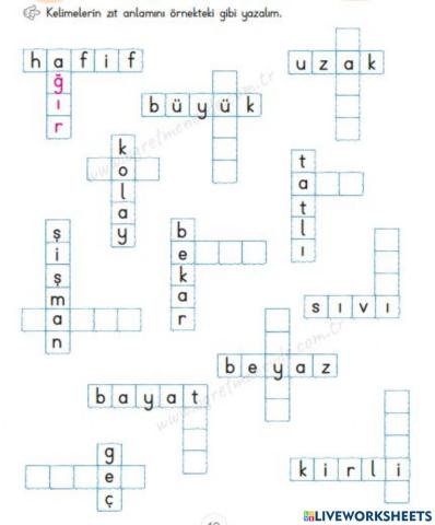 Zıt Anlamlı Kelimeler Bulmaca