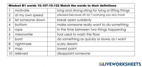 Mindset B1 words 10.107-10.122