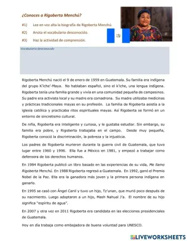Rigoberta Menchú, lectura y comprensión