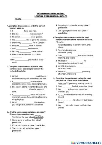 Past simple, used to, past continuous, will and going to