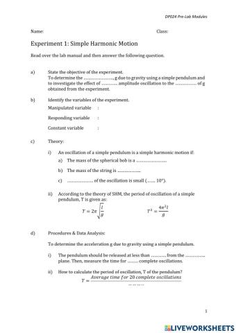 DP024 Prelab Experiment 1: SHM