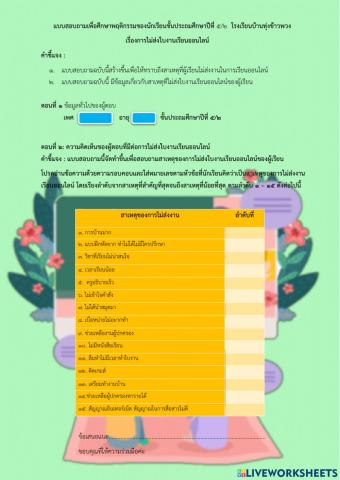 แบบสอบถามสาเหตุการไม่ส่งงานในการเรียนแบบออนไลน์นักเรียนชั้นประถมศึกษาปีที่ 502