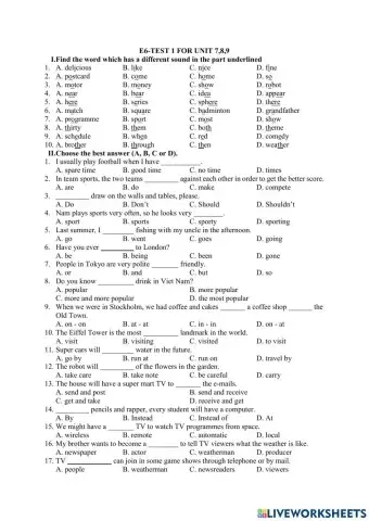 English Test for unit 7,8,9 E6