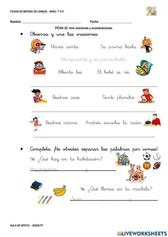 Ficha Lengua 32-1EP-Unir oraciones y enumeraciones