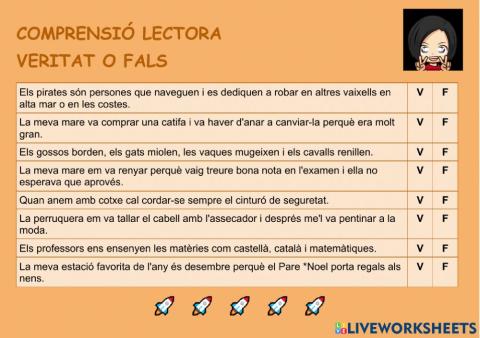 Comprensió lectora veritat o fals 10