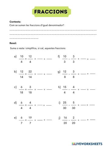 Sumas y restas de fracciones. Simplificar.