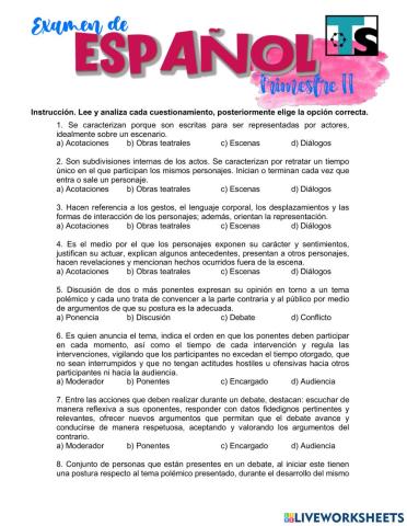 Examen español segundo trimestre