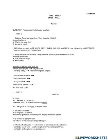 Adverbs-Adjectives: Good Well Bad Badly