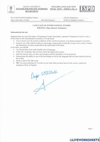 Language of International Studies - Final test term 2