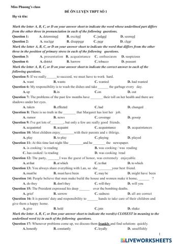 Đề ôn luyện THPT số 1