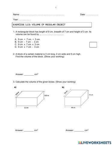 Exercise 1.13 (volume of regular object)