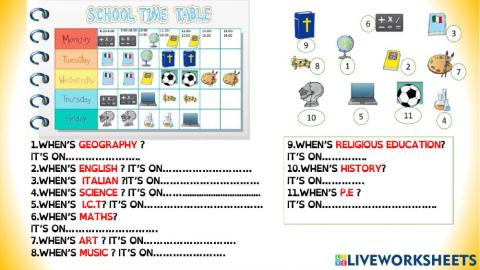 School subjects and days of the week