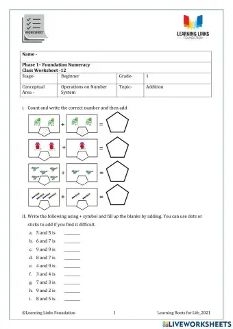 Phase 1– Foundation Numeracy Class Worksheet -12