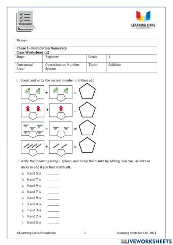 Phase 1– Foundation Numeracy Class Worksheet -12