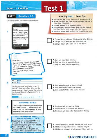 PET READING PRACTICE Parts 1-2-3