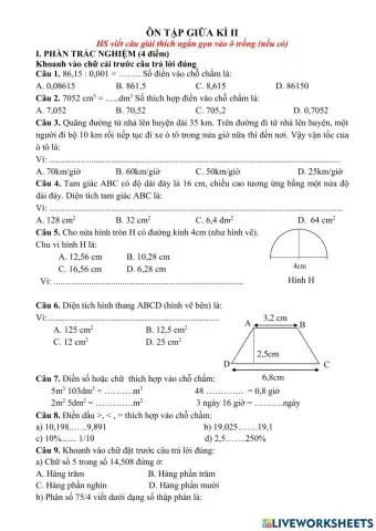 Ôn tập trắc nghiệm toán Giữa kì II lớp 5