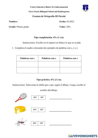 Examen de Ortografía 1°