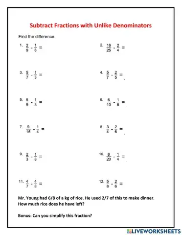 Subtracting unlike fractions