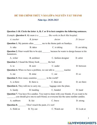 Đề Anh vào 6 NTT 2020-2021