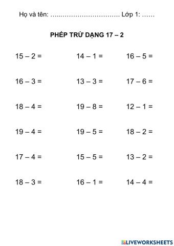 Phép trừ dạng 17 - 2